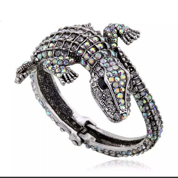 Silver titanium irridescent crystal alligator crocodile goth chic bracelet new - Picture 1 of 5